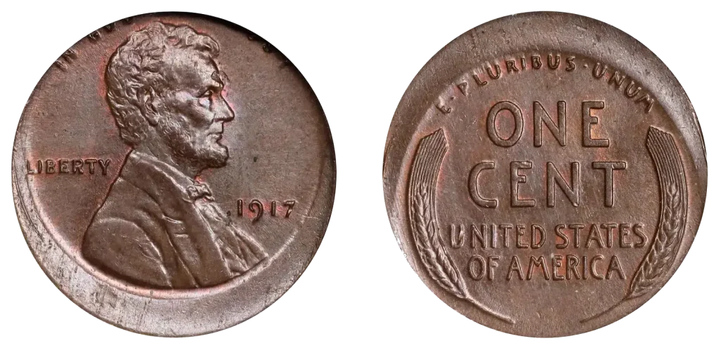 obverse and reverse of the 1917 Lincoln Cent. Struck 15% Off Center
